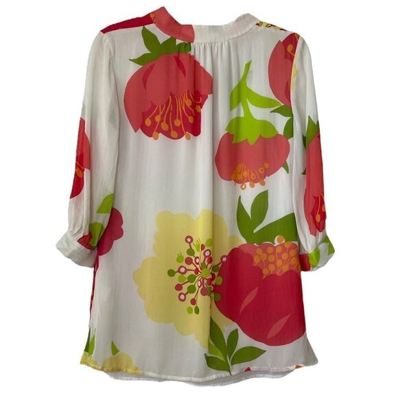 Lilly Pulitzer Floral Silk Blouse Top Semi Sheer Gold Metallic Thread Lining 4 - Picture 2 of 7